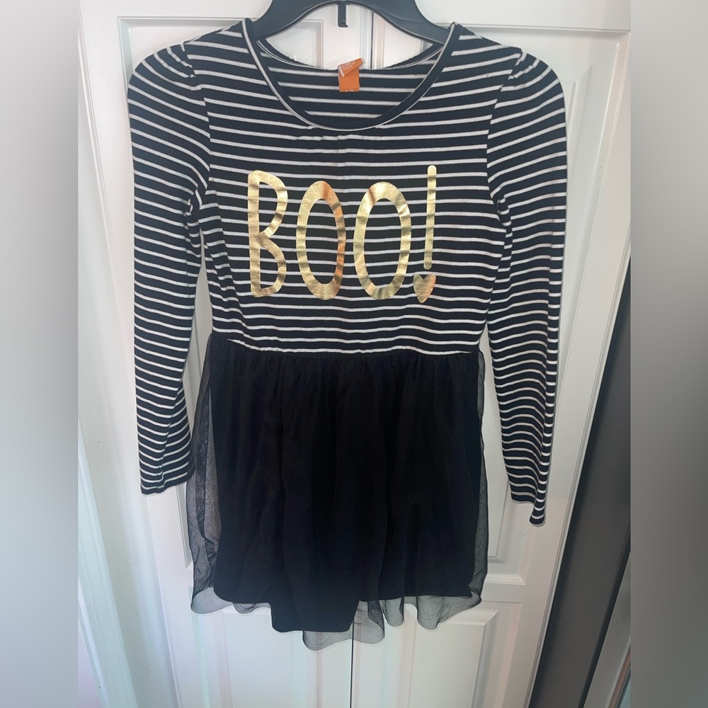 Girls Halloween Dress BOO BLack white Gold sz L 10/12‎